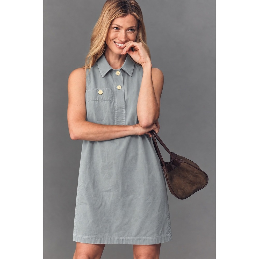 Lafayette 148 New York Blue Gray Cotton Stretch Sleeveless Shirt Dress XL